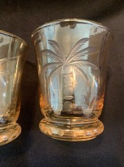 2 Etched Palm Trees Glasses Rocks Glass Gold Amber Glass, Made in Romania