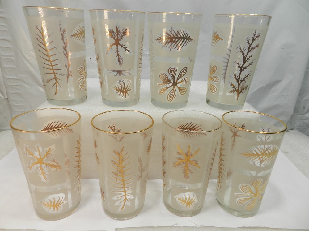 8 Vintage Libbey Gold Leaf Drinking Glass Tumblers Gold Rim Frosted (Q80JK)