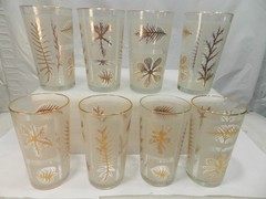 8 Vintage Libbey Gold Leaf Drinking Glass Tumblers Gold Rim Frosted (Q80JK)