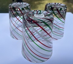 3 Crate & Barrel Mint 16 Oz Clear Red Green Swirled Double Old Fashioned Glasses