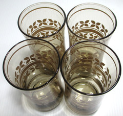 Vintage Libbey Glass Tumblers SET OF 4 Tawny Brown Beige Floral Bands 5 1/4″ T