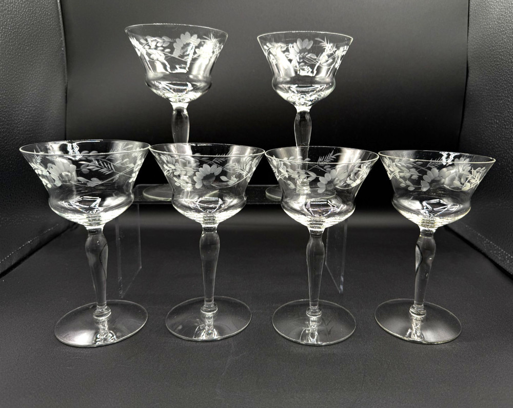 6 Glastonbury-Lotus 3720-19 Champagne/Tall Sherbet 6″ Hand Blown Glass 1930-40s