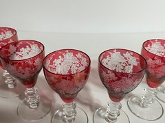 Set of 6 Cordial Glass Bryce Cranberry Ruby Glass 688-1 Etched Grape Design Rare