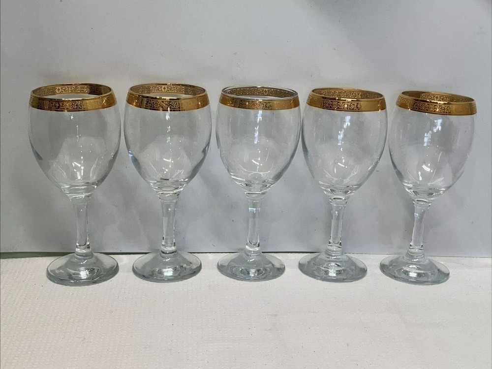 Vintage 1960-1970 Stemmed And Gold-Rimmed Wine Glasses Set Of 5 Glasses PO