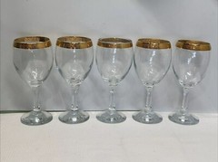 Vintage 1960-1970 Stemmed And Gold-Rimmed Wine Glasses Set Of 5 Glasses PO