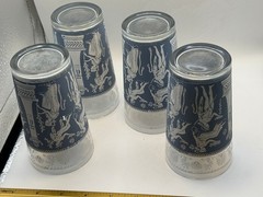 Set 4 Greek Revival Highball Glasses Tumblers Blue White Silver Figural Motif