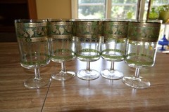 Vintage Cera Glass Water Goblets Grecian Green 22K Gold Grapes Set of 5