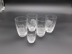 Vintag5pc Set Heisey Tally Ho Etched Glasses with Matching Shot Glass 3.75″ Tall