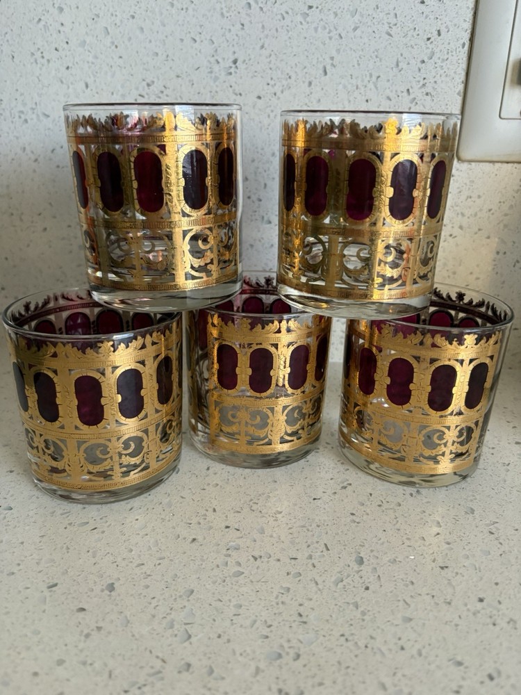 Morphew Abode 1960s Culver Burgundy Art Deco & 22k Gold Lowball Cocktail Glasses