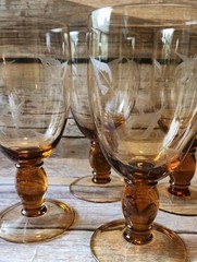 Set of 4 Amber Brown Vintage Water, Wine Drinking Goblets With Leaf Etchings