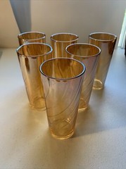Carnival Glass Tall Tumblers Jeanette Optic Swirl Peach Luster Amber Vintage