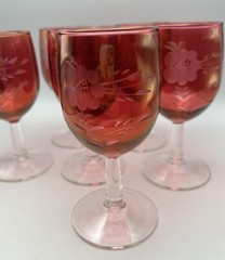 6 Czech Bohemian 5.5″ Wine Glasses Cranberry Stemmed Glassware Etched With Roses