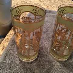 MCM 1960’s CULVER Highball Glass 22K Gold & Green Barware Set Of 8