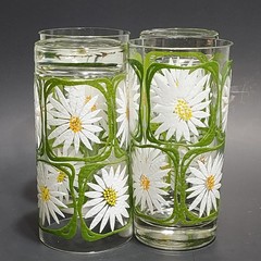 4 Vintage Libbey Glass Green Square White Daisy Yellow Drinking Glasses 1970s