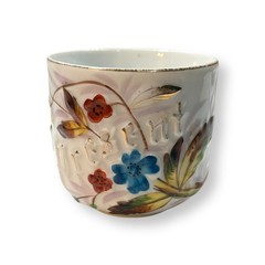 Antique Victorian Porcelain Cup “Present” Raised Lettering Hand Painted Floral