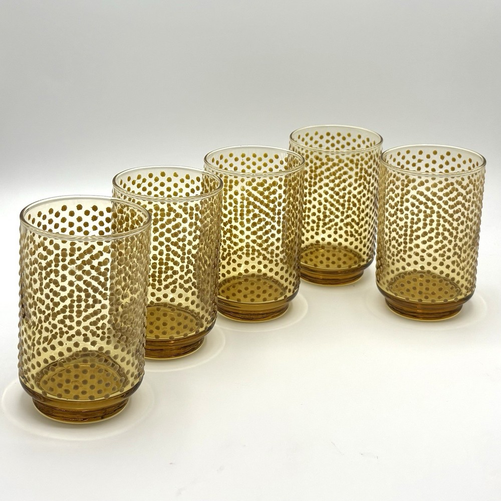 (5) Vintage Libbey MCM Amber Hobnail Drinking Glass Tumblers 4.5″ Tall G1002