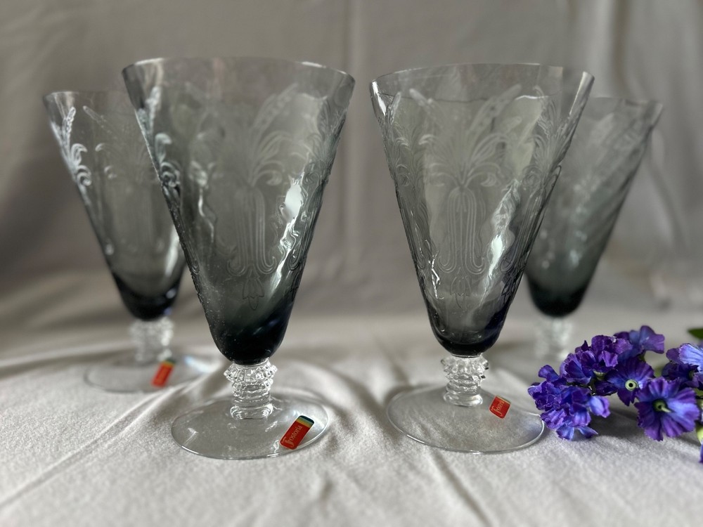 Fostoria Nouveau Etched Smoke Grey Ice Tea Goblets, Four (4), with labels, HTF!