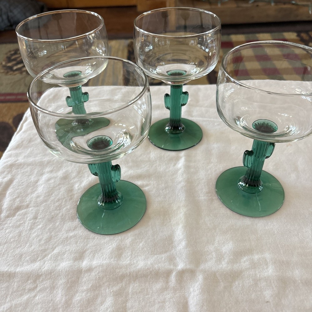 VINTAGE Libbey Set of 4 Cactus Margarita Glasses 16oz Green Stem Barware