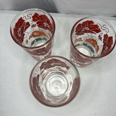 Vintage Red Orange Hibiscus Flower Clear Glass Tumblers 5” Libbey Lot of 3 MCM