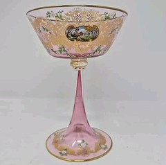 Venetian Enameled Figural Landscape Scene Pink Champagne / Sherbert Glass 6″ #6