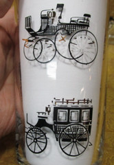 4 weighted base glass tumblers w/antique black automobiles -5.5″ high 12oz. cap.