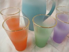 Vintage W.V. Blendo glass tall Pitcher & 6 Tumblers Aqua orange purple green