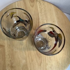 Vintage 1950s MCM Hazel Atlas Glass 2pcSet Hunting Dog Pheasant Duck Cabin Decor