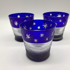 AJKA DESIGN GUILD 4” 12 oz Cobalt Cut to Clear Stars Tumbler Hungary set of 3