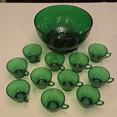 Anchor Hocking Forest Green Punch Bowl w/Base and 11 Cups