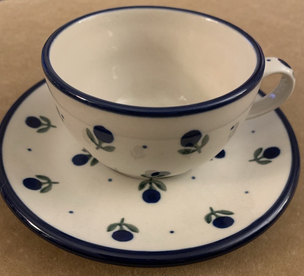Polish Pottery (Ceramika Artystyczna) Cup & Saucer, Blue Buds Pattern-Hand Made