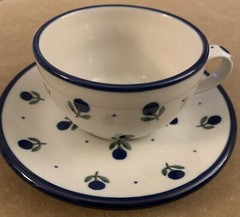 Polish Pottery (Ceramika Artystyczna) Cup & Saucer, Blue Buds Pattern-Hand Made