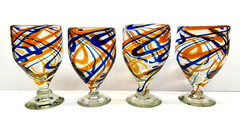 Set Of 4 Heavy Hand Blown Clear W/Blue & Orange Swirl Pattern Glass Goblets 6″