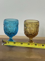 Vintage L.E. Smith Moon & Stars Peacock Blue And Amber Yellow Glass Cordial Cups
