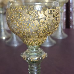 Antique Set of 6 Moser Bohemian Gold Gilt Wine Goblets Tiered Ribbed Stem 8.25″