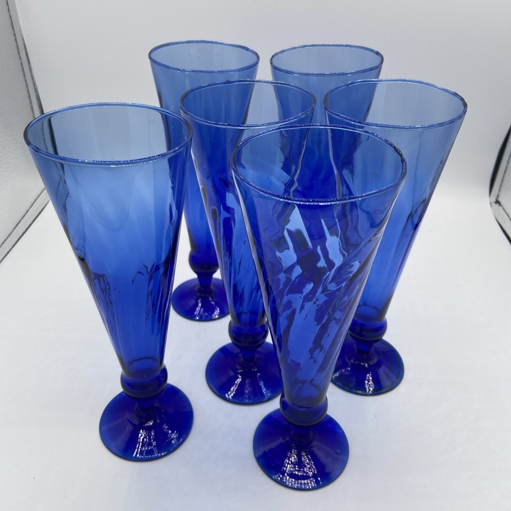 VTG 6 Champagne / Beer Set Cobalt Blue Swirl Tall Flutes Short Stem Bar Glasses