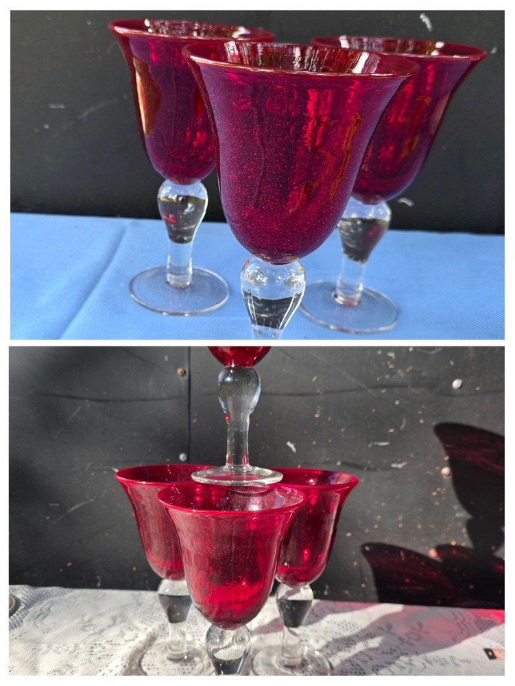 Artland Iris Ruby Red Seeded Bubble Glass Goblets set of 7