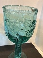 Water / Wine Glasses Embossed Hummingbird Teal Green Set of 2