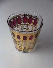 Set of 4 VTG Culver Cranberry Scroll 22kt Gold Flared Rocks Whiskey Glasses-Read