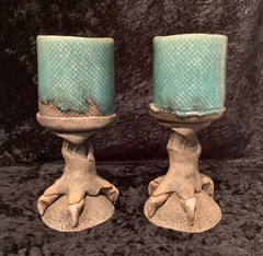 Vintage Pair (2) Richard Marshall Pottery Dragon Woo Claw Foot Goblets 7.5”