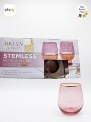 BKLYN Steel Co. Stemless Wine Glass Set, Pink/Gold Rim Glass, 2pc 20 oz