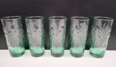 (5) Libbey Iris Spanish Green Tumblers Set Flower Embossed Textured Glasses Lot