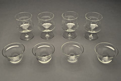 4 BEAUTIFUL ETCHED CRYSTAL SHRIMP COCKTAIL GOBLETS WITH GLASS BOWL INSERTS
