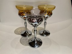 3 Chrome Stemmed Cocktail Glasses-2 Amber, 1 Amethyst
