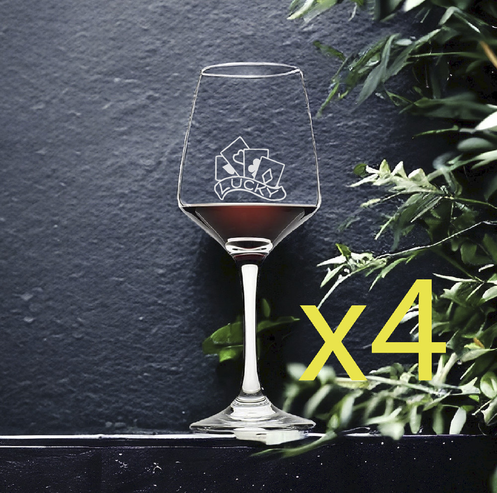 Lucky Cards Wine Glasses x4 Premium 12 Oz Personalize Poker Games NEW