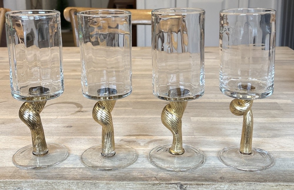 4 ABIGAILS BOMBAY GLASSES TWISTED STEM GOLD LEAF RUB 8.5” Tall