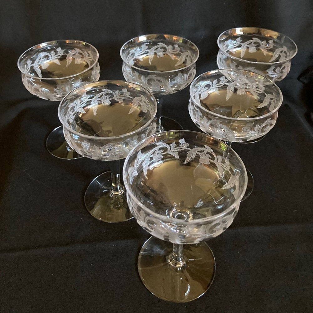 EXC Set of 6 Antique Central Glass Works THISTLE 4 5/8 “ Tall Champagne Cocktail