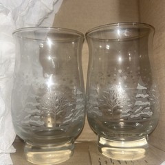 Libbey Arby’s Set Of 2 Christmas Glasses Winter White Frosted Pine Tree Gold Rim