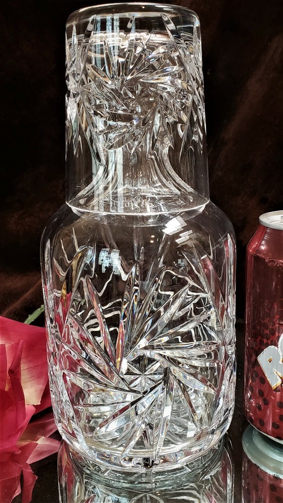 Vintage RARE Crystal CUT GLASS TUMBLE UP Carafe & Tumbler PINWHEEL Tag POLAND!