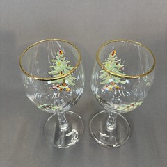 Spode Christmas Tree Wine Glass Water Goblet 7 1/4″ Set of 4 Gold Rim 12 Ounces