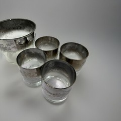 Vintage MCM Queen’s Lustreware 4 Lowball Glasses & Ice Bucket Silver Fade